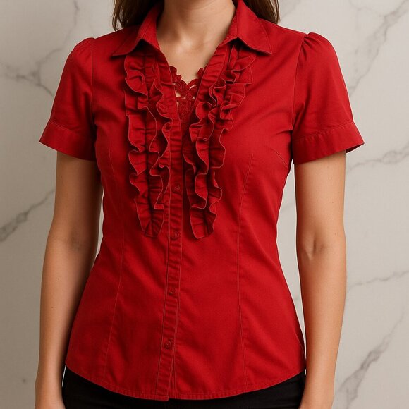 Kularium | Blouse | Small | Red | Ruffled Dress Shirt Top, Slight Stretch - Picture 1 of 9